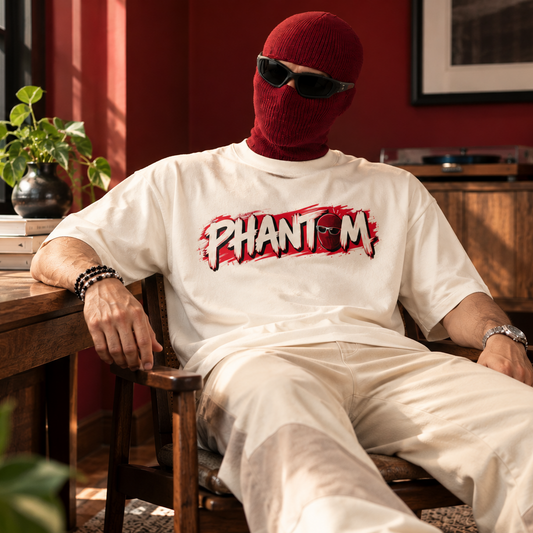 A person seated in a wooden chair in a red room, wearing a white graphic T-shirt with a large red and black 'PHANTOM' logo across the chest, a red balaclava, and sunglasses.