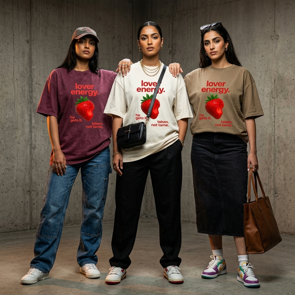 Three women stand together in a studio wearing matching graphic T-shirts with a red strawberry print and the text 'lover energy.' The shirts are in different colors: burgundy, cream, and taupe.