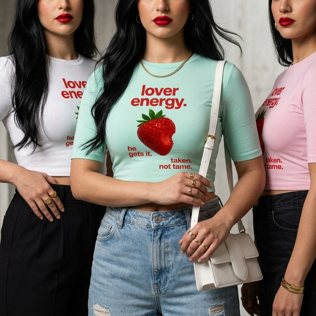 Three women wearing graphic strawberry-themed crop top T-shirts in white, mint green, and pink, styled with jeans and a white shoulder bag.