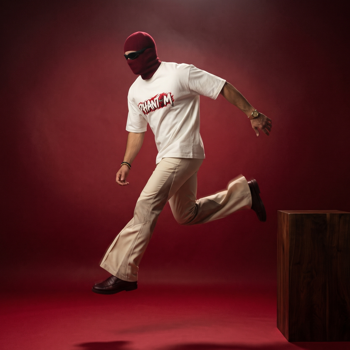 A person in a white graphic T-shirt, beige pants, and a burgundy balaclava jumps over a dark wooden block against a deep red studio backdrop.