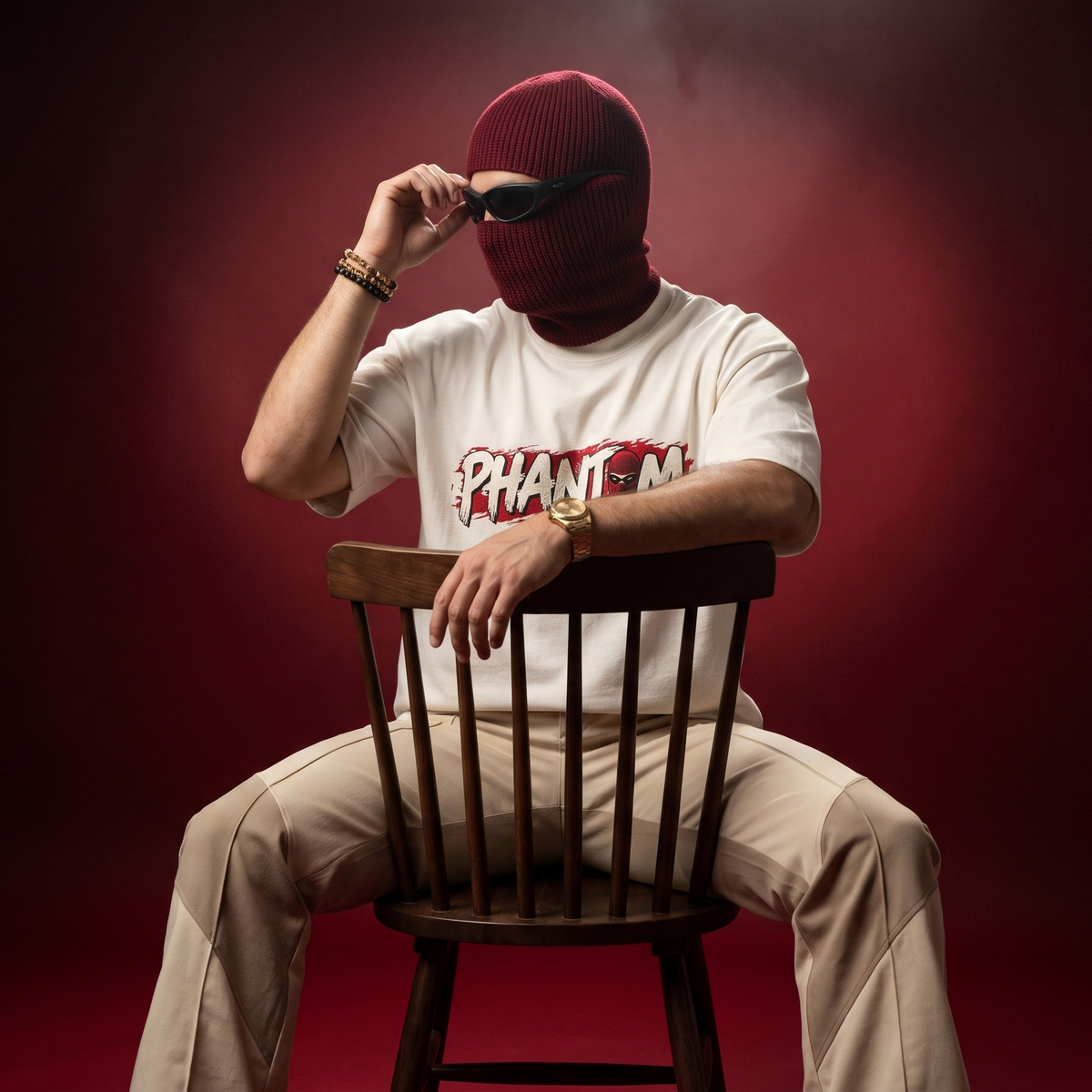 A person seated on a wooden chair against a dark red studio background, wearing a burgundy ski mask, black sunglasses, a white graphic T-shirt with red lettering, and beige pants.