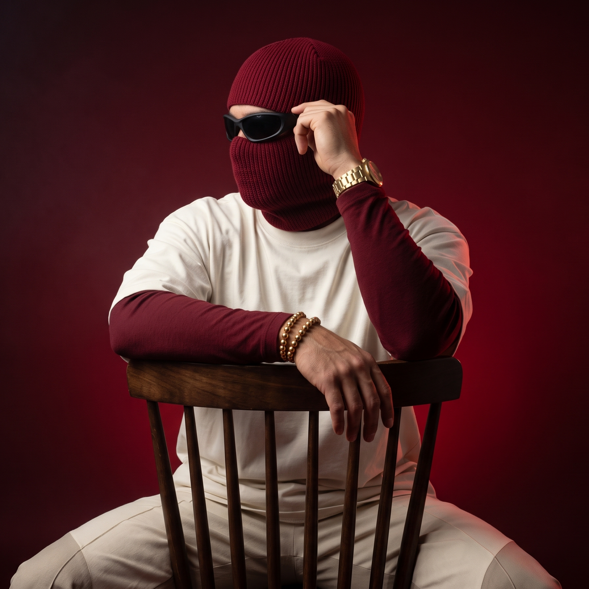A person wearing a burgundy ribbed balaclava mask, white long-sleeve shirt, and white pants sits on a wooden chair against a dark red studio background. They are wearing gold bracelets and a watch, and have sunglasses resting on their face.