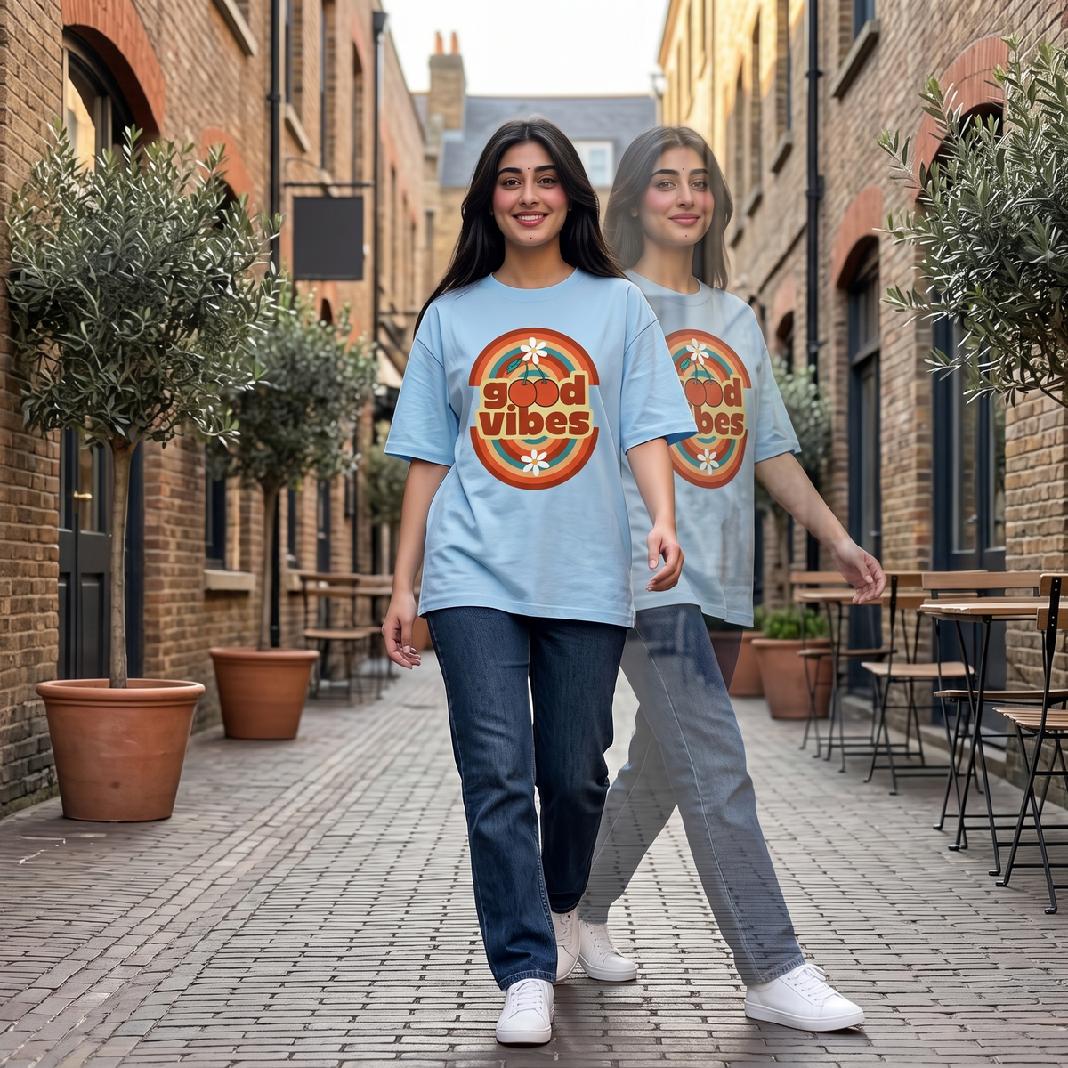 A woman walking down a brick alley wearing a light blue graphic T-shirt with a circular 'good vibes' design, paired with dark jeans and white sneakers. A faded duplicate of her appears behind her.