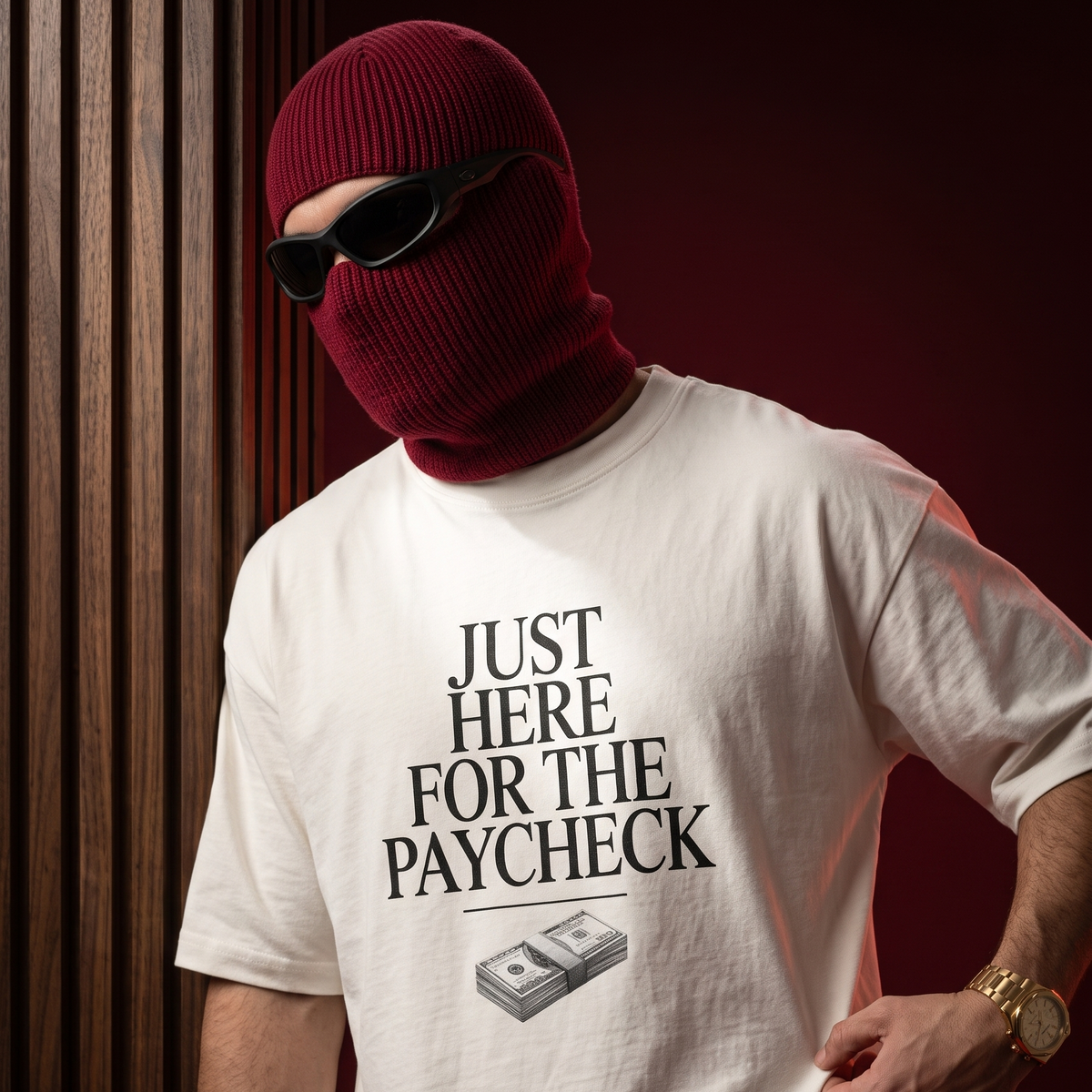 A person wearing a burgundy ski mask, black sunglasses, a white graphic t-shirt with the text 'JUST HERE FOR THE PAYCHECK' and a stack of money graphic, and gold bracelets and watch, posed against a dark red and wood-paneled background.