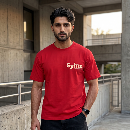A man wearing a bright red crewneck t-shirt with a white 'Syimz' logo printed on the chest, standing in a modern concrete walkway.