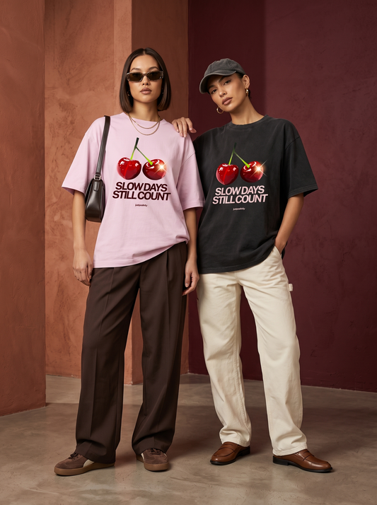 Cherry Slow Days Statement - Unisex Oversized Graphic T-Shirt