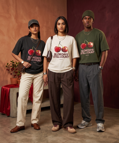Cherry Slow Days Statement - Unisex Oversized Graphic T-Shirt