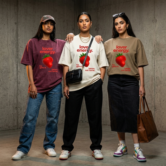 Three women stand together in a studio wearing matching graphic T-shirts with a red strawberry print and the text 'lover energy.' The shirts are in different colors: burgundy, cream, and taupe.