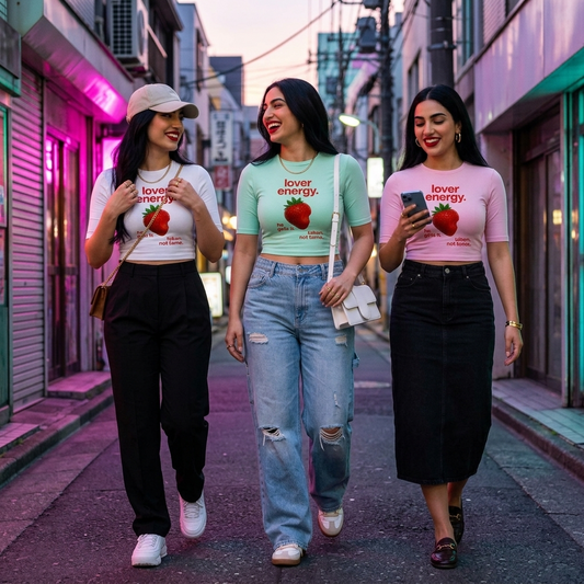 Three women walking down a city alley wearing matching graphic t-shirts with a strawberry print and the text 'lover energy'.
