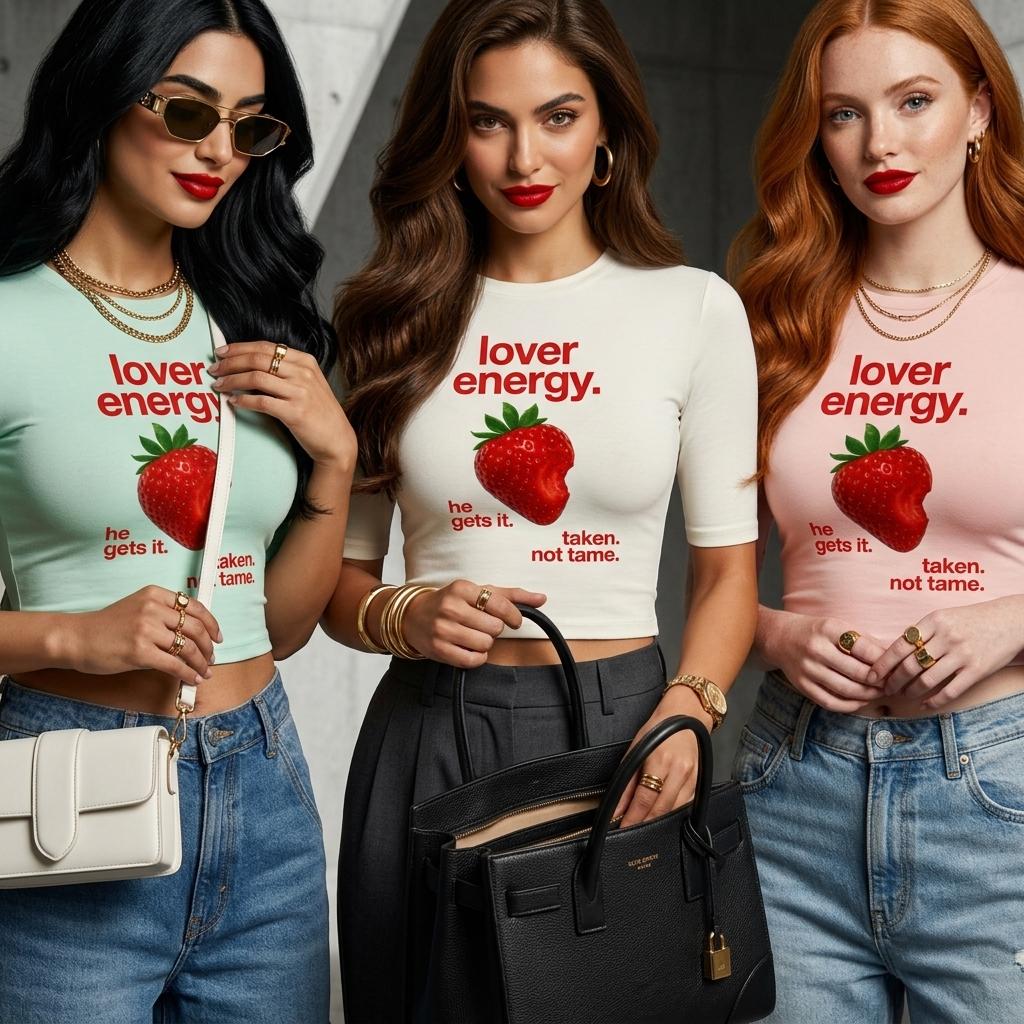 Three women modeling fitted graphic T-shirts with a strawberry print and the text 'lover energy. he gets it.
