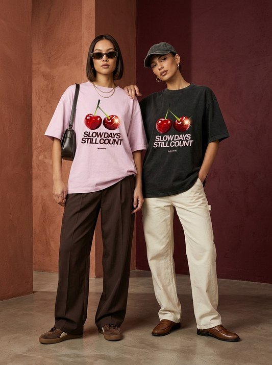 Cherry Slow Days Statement - Unisex Oversized Graphic T-Shirt